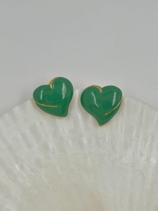 Серьги Сердечки с зелёной эмалью