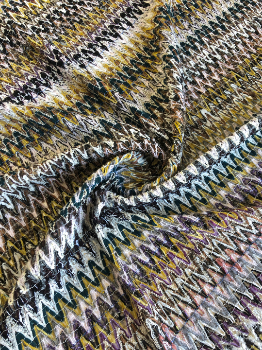 Трикотаж принт зигзаг, коричневый, желтый, белый, черный, дизайн MISSONI