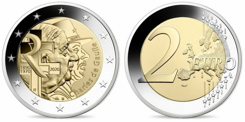 Франция 2 евро, 2020 50 лет со дня смерти Шарля де Голля UNC
