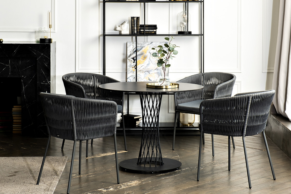 "Диего" обеденная группа на 4 персоны со стульями "Бордо" плетения колос, столешница "серый гранит"