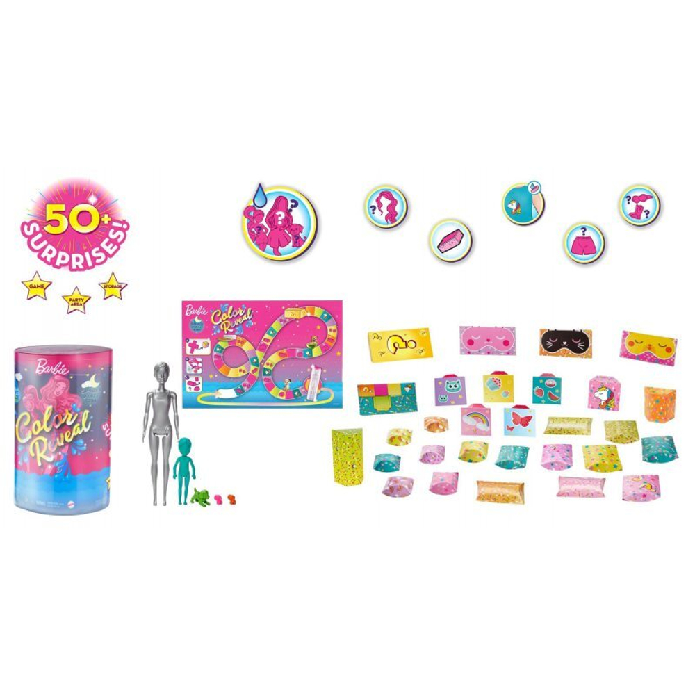Color Reveal - пижамный набор Party Barbie Doll, Chelsea Doll, 3 животных + аксессуары GRK14