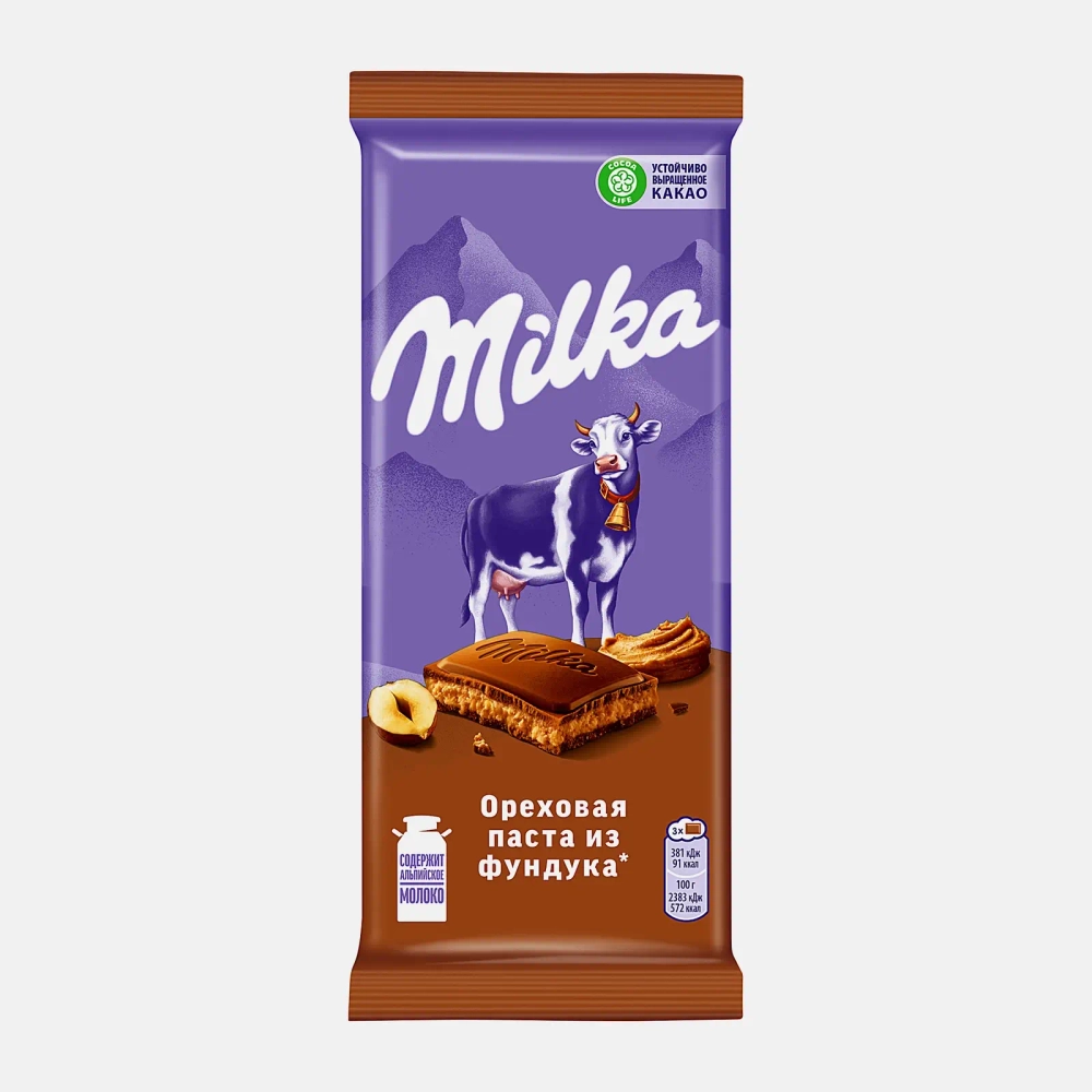 Шоколад молочный Ореховая паста с фундуком Milka 85/80г