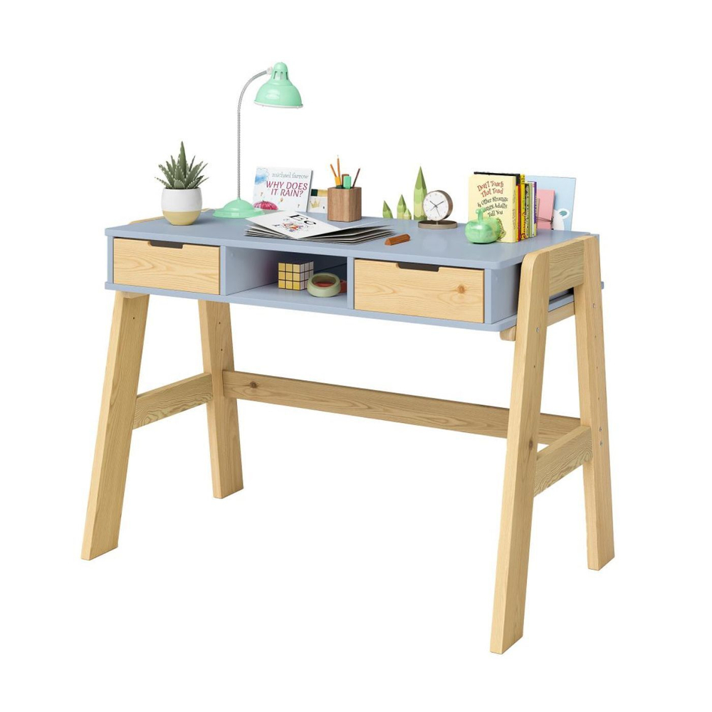 Письменный стол Чек для школьника 94х64х75 см, многоуровневая парта с 2 ящиками на ножках из массива сосны, МДФ синий