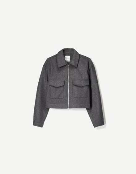 BERSHKA Мягкая укороченная куртка на молнии, темно-серый