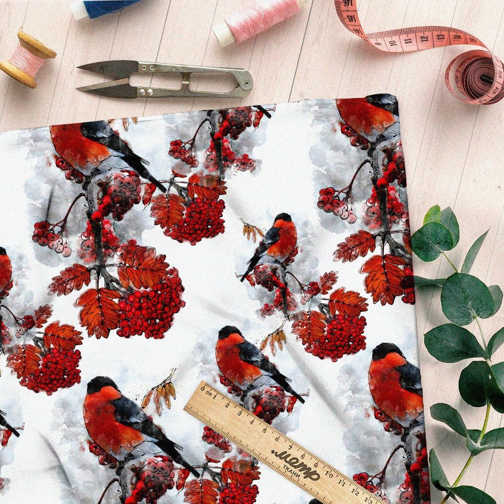 Ткань сатин снегири на рябине