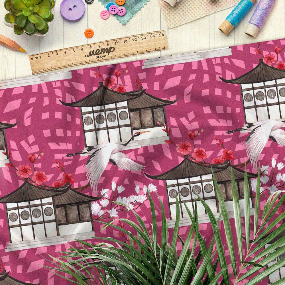 Ткань саржа журавль и китайский дом