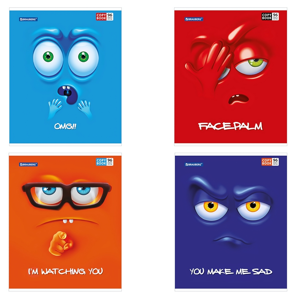 Тетрадь А5 96л. клетка "Мордашка" скоба, обложка картон (BRAUBERG)