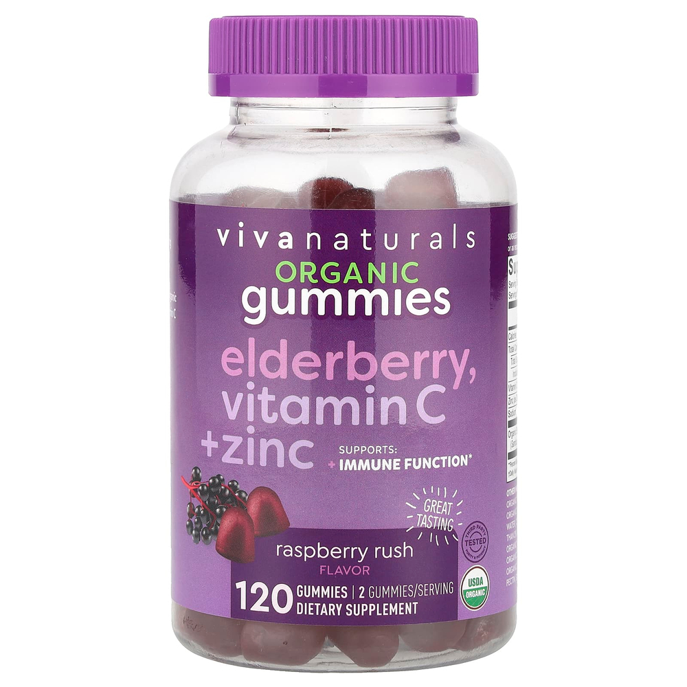 Viva Naturals, Органическая бузина, жевательные мармеладки с витамином С и цинком, малина, 120 жевательных таблеток