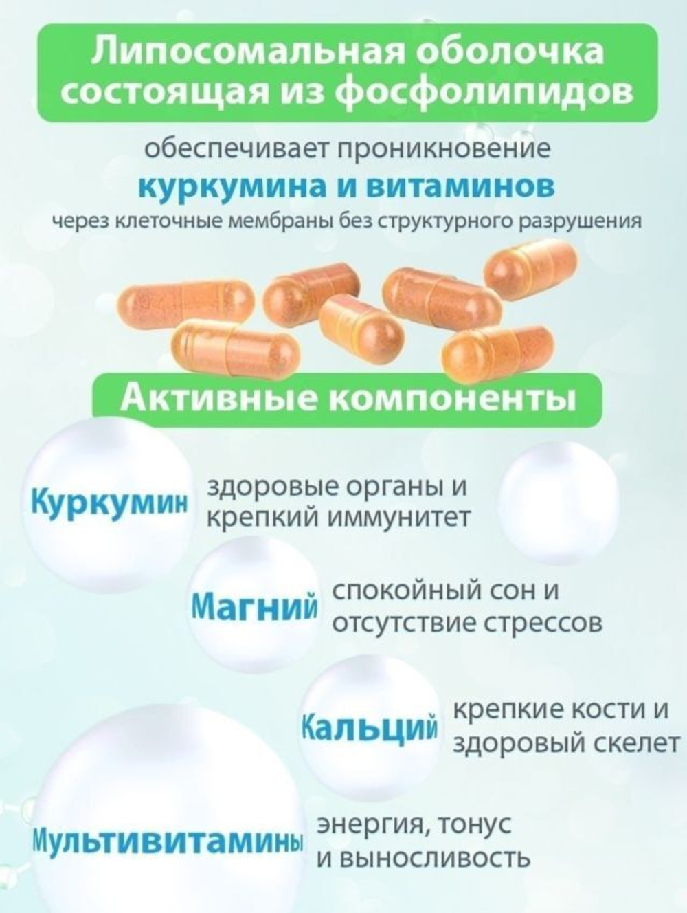 Липосомальный куркумин + комплекс 12 витаминов, ВЕГАН, 60 капсул