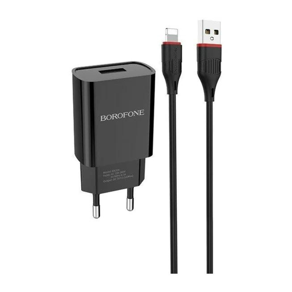 Сетевое зарядное устройство Borofone BA20A 1xUSB, 2.1А + USB кабель Borofone BX17 Lightning, 1м, черный