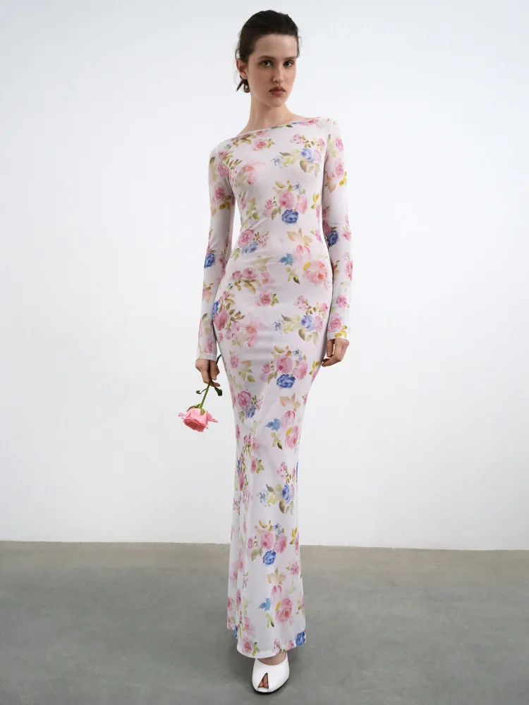 Моне макси (Monet maxi), платье макси из молочной сетки с цветочным принтом