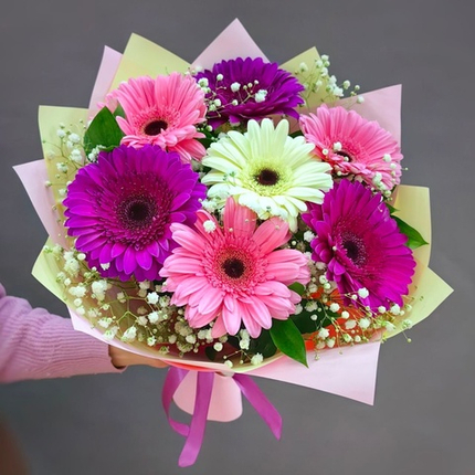 Букет из 7 гербер с гипсофилой и веточками рускуса