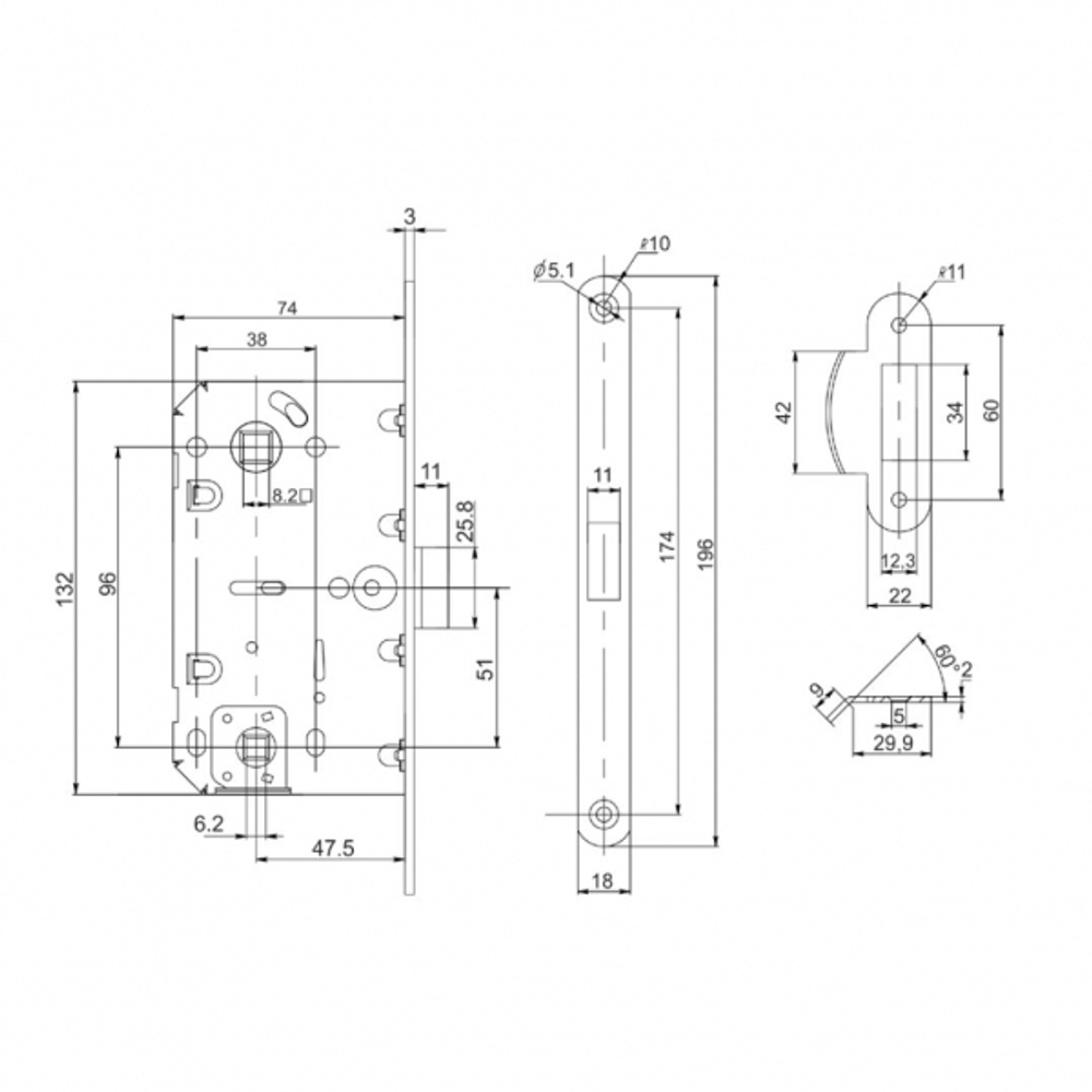 Защелка врезная PL96WC-50/BL GP (золото)