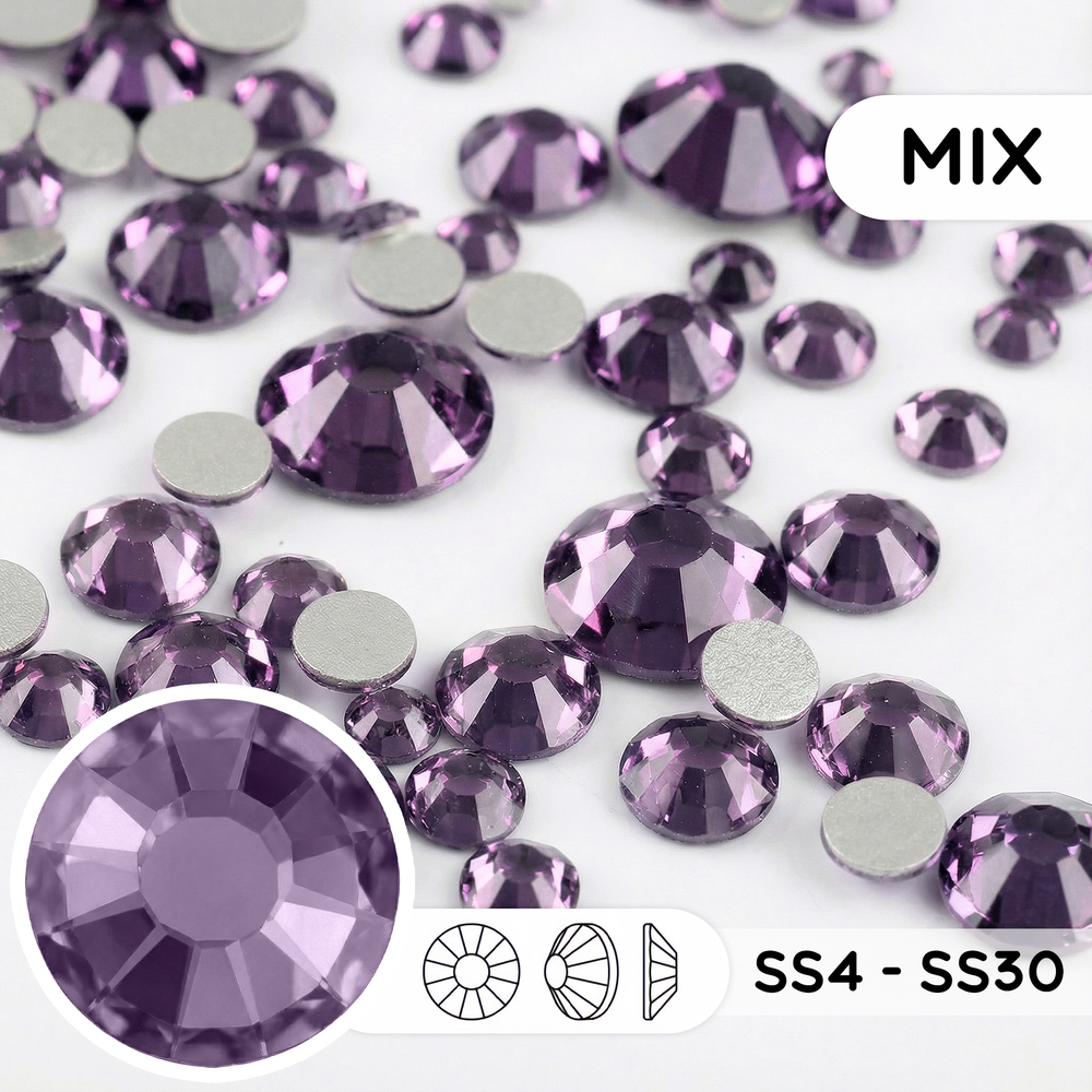 Стеклянные стразы холодной фиксации “Tanzanite” — микс размеров SS4–SS30