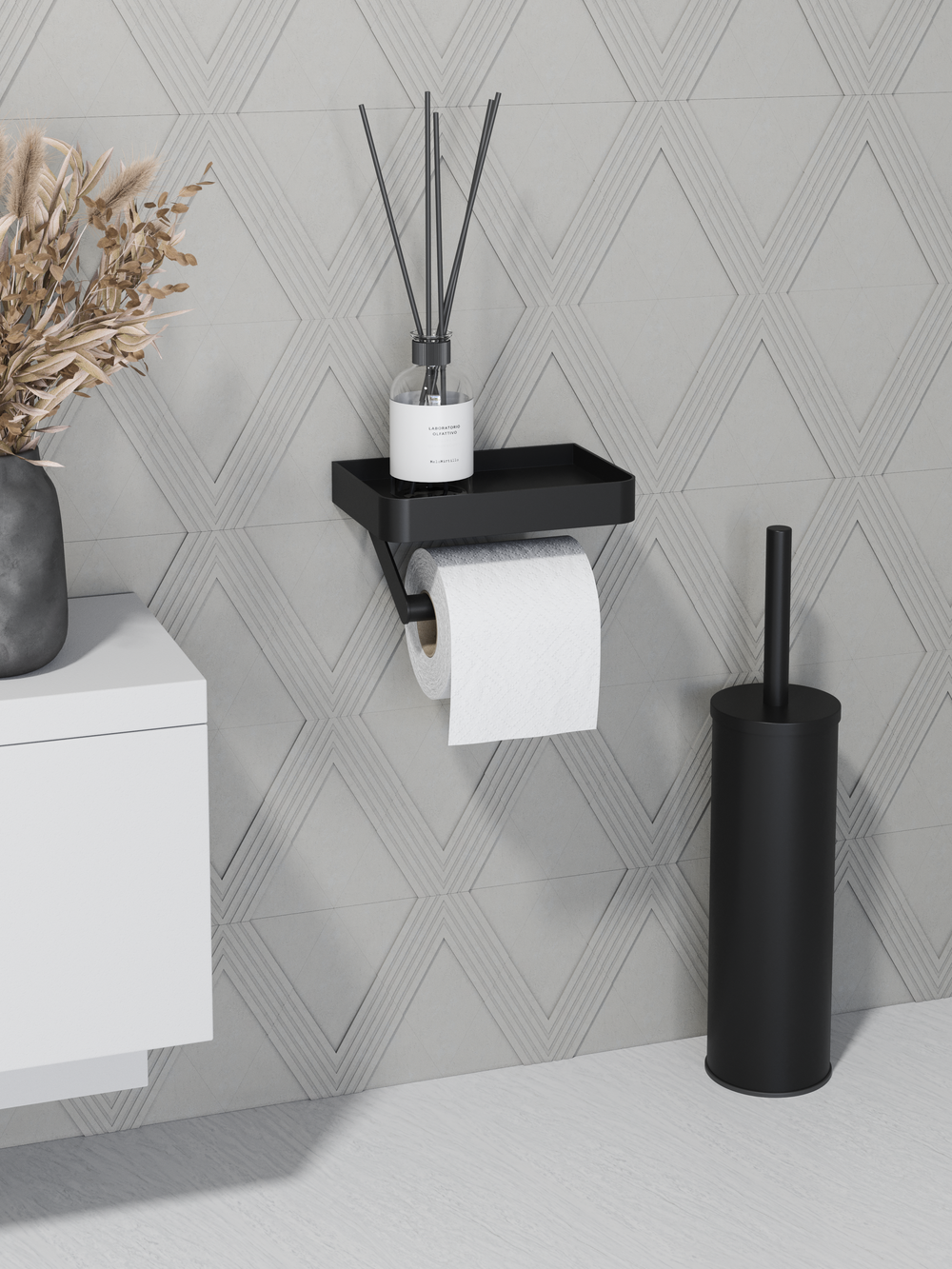 Держатель для туалетной бумаги STWORKI Стокгольм S36345BK настенный, матовый черный, с полкой