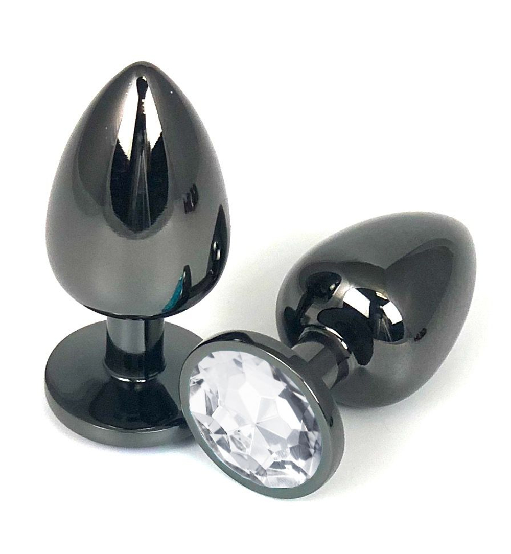 Черная металлическая анальная пробка с прозрачным стразом - 9 см. (Цвет: прозрачный)