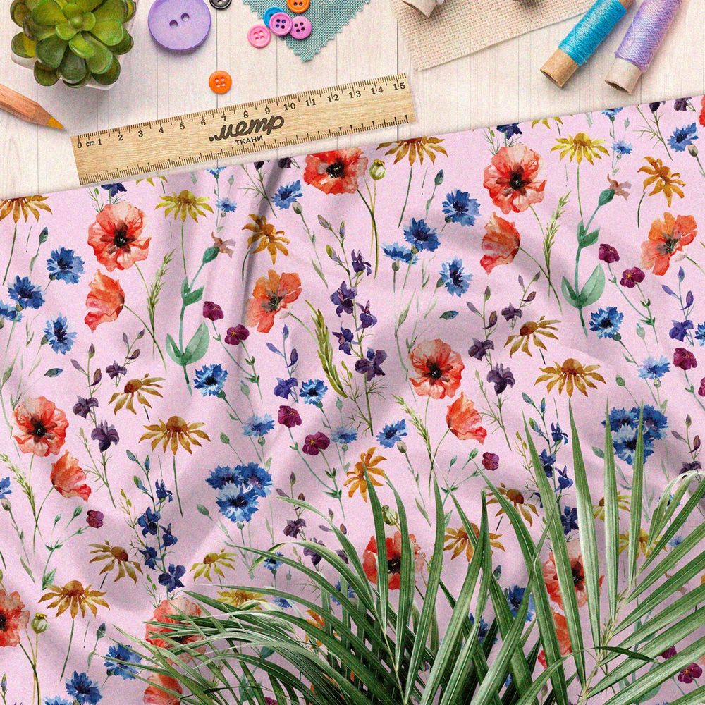 Ткань мембрана маки, васильки, ромашки и колокольчики