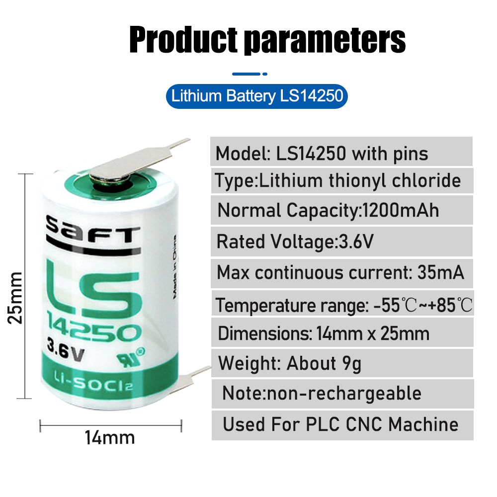 Батарейка литий +2 контакта Saft-LS14250 1/2AA 1.2Ah 3.6v