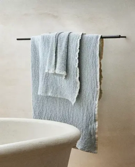 ZARA HOME БАННОЕ ПОЛОТЕНЦЕ С ВАФЕЛЬНЫМ УЗОРОМ, ЭКРЮ/СИНИЙ