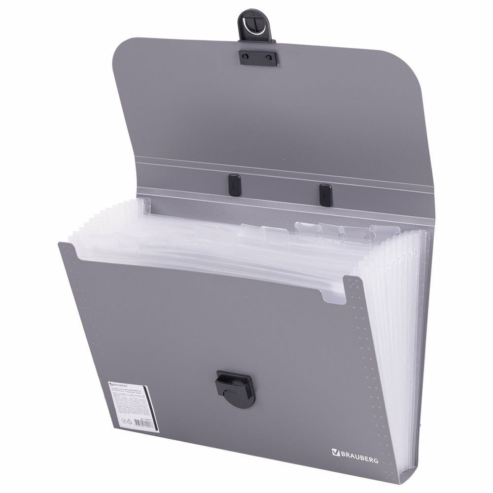 Папка-портфель пластиковая BRAUBERG "ПРОЕКТ", А4 (330х240х35 мм), 13 отделений, серый, РОССИЯ, 226027