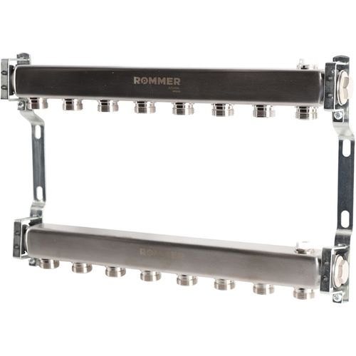 Коллектор Rommer 1"x3/4" на 8 контуров для радиаторной разводки (нерж. сталь) RMS-4401-000008