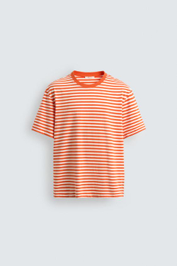 ZARA ФУТБОЛКА REGULAR FIT ЖАККАРД В ПОЛОСКУ, БЕЛО-ОРАНЖЕВЫЙ