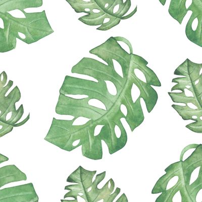 Watercolor hand painted nature summer season seamless pattern with green palm leaves composition