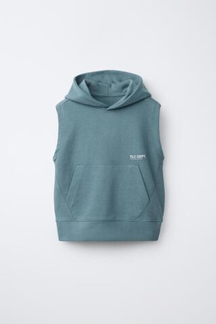 ZARA ФЛИСОВЫЙ ЖИЛЕТ С КАПЮШОНОМ И НАДПИСЬЮ, УТИНО-СИНИЙ