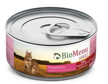 Мясной паштет с Индейкой 95% МЯСО, 100гр, BioMenu ADULT консервы для кошек, ламистер
