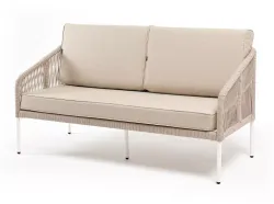 "Канны" диван 2-местный плетеный из роупа, каркас алюминий белый муар, роуп бежевый круглый, ткань бежевая 15052