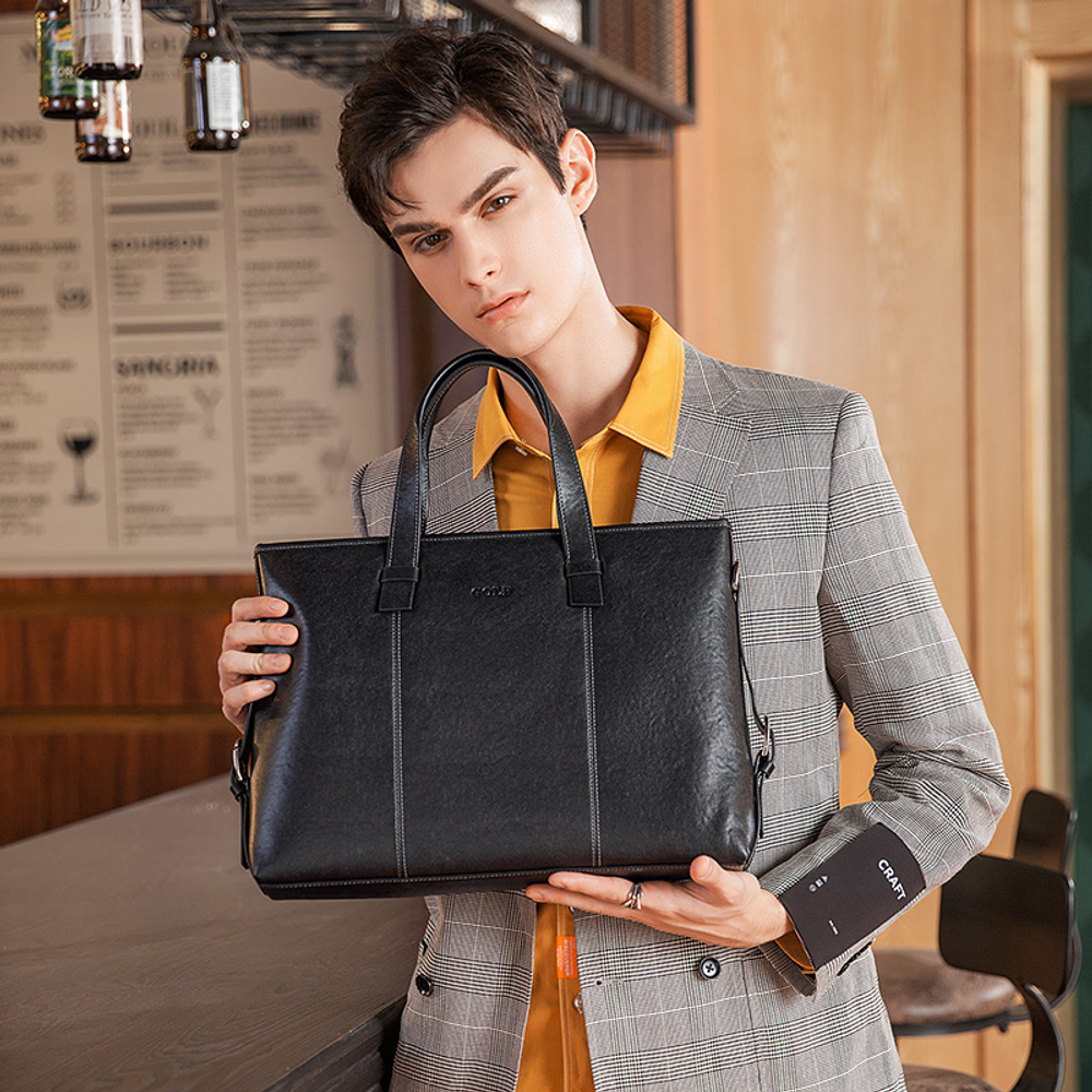 GOLF Cow Leather With Synthetic Leather 13.3 Inches Laptop Bag, Portable, One Shoulder Briefcase Large Men"s Black