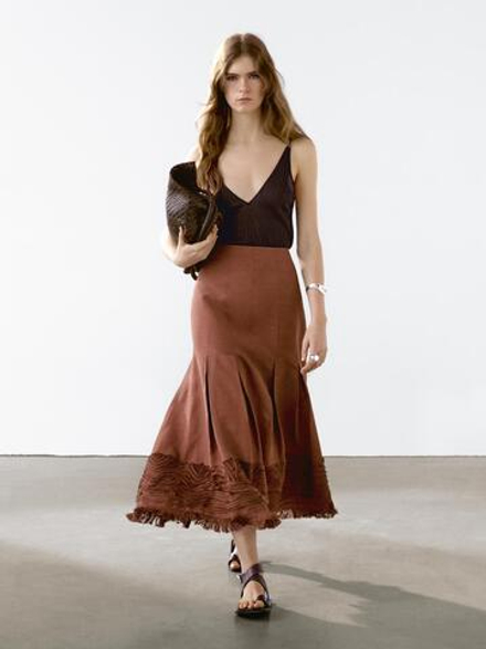Massimo Dutti Юбка миди из струящейся ткани с вышивкой, черепичный