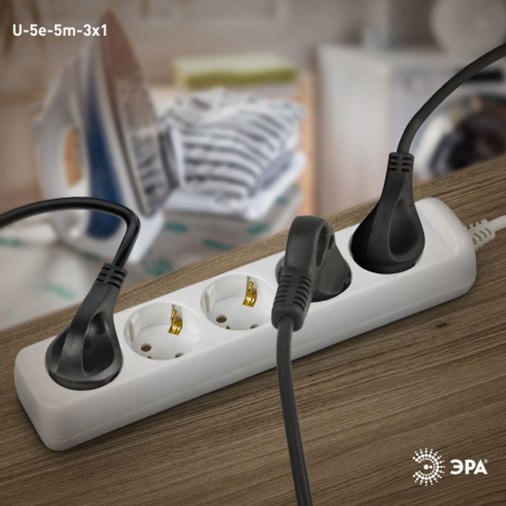Удлинитель электрический ЭРА U-5e-5m-3x1 с заземлением 5 розеток 5м ПВС 3x1мм2 16А | Бытовые удлинители