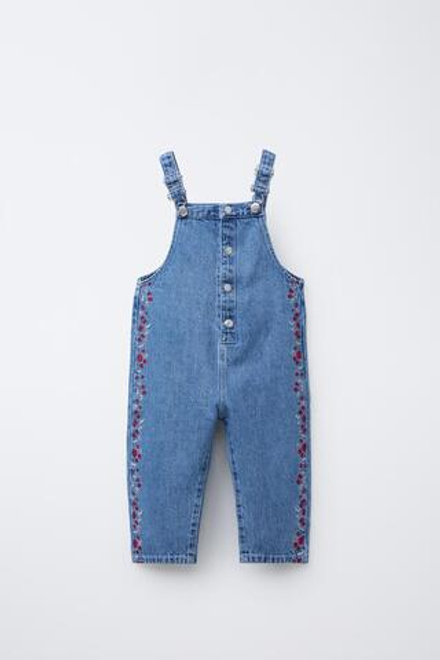 ZARA ДЛИННЫЙ ДЖИНСОВЫЙ КОМБИНЕЗОН С ВЫШИВКОЙ, ВЫЦВЕТШИЙ СИНИЙ
