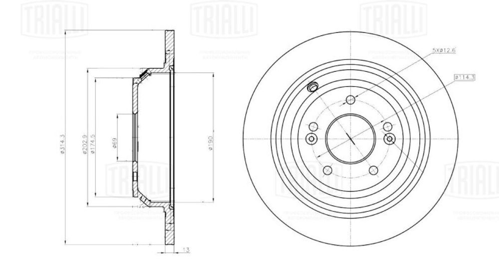 Диск тормозной задний Hyundai Genesis (14-) Kia Quoris (13-) (314x13) (TRIALLI)