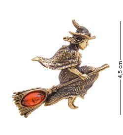 AM-3415 Брошь «Баба Яга в молодости» (латунь, янтарь)