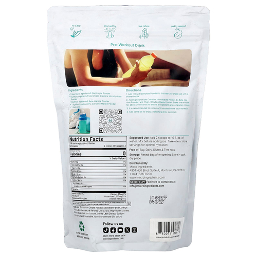 Micro Ingredients, электролитный напиток в порошке, со вкусом клубники и киви, 907 г (2 фунта)