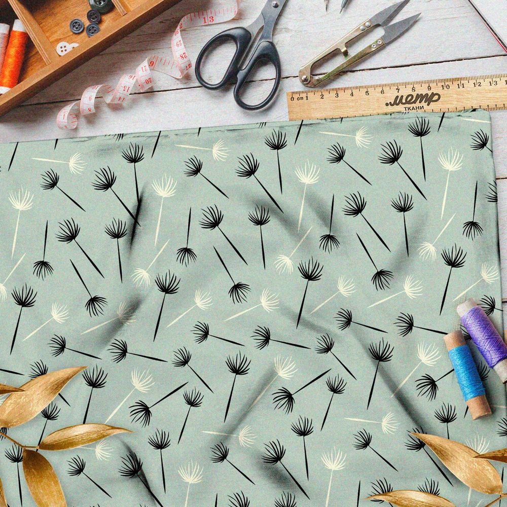 Ткань шифон пустые одуванчики на зелёном фоне