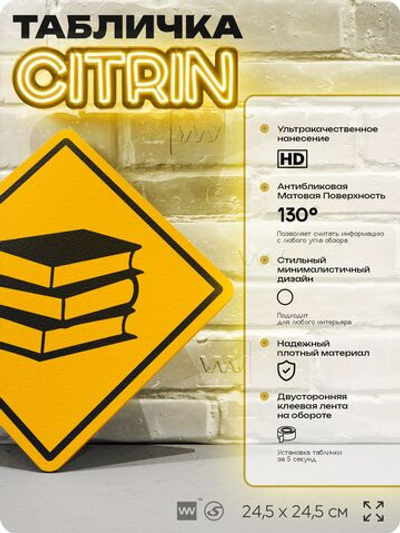 Табличка декоративная "Книги" на дверь и стену, для библиотеки, информационная, декоративный знак, 24,5х24,5 см, пластиковая, Айдентика Технолоджи