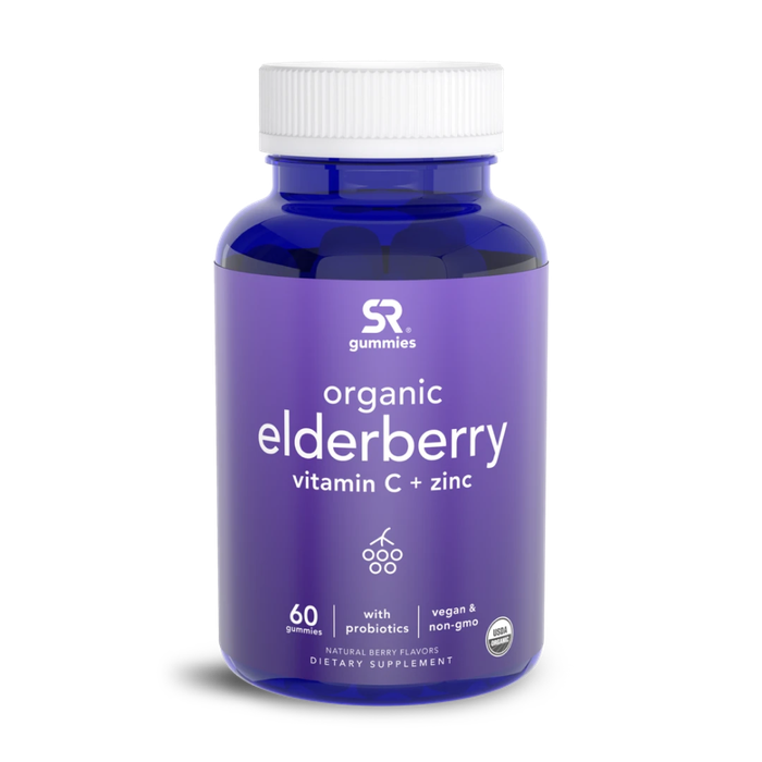 Organic Elderberry Vitamin C + Zinc, Комплекс Бузины + Витамин C, Цинк и Пробиотики, Sports Research (60 жевательных капсул)