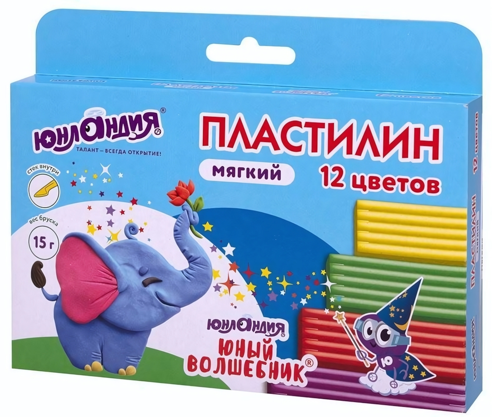 Пластилин мягкий 12 цветов 180г со стеком "ЮНЫЙ ВОЛШЕБНИК" (ЮНЛАНДИЯ)