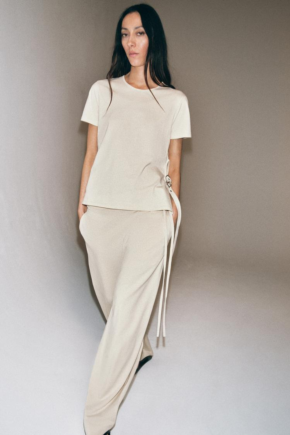 ZARA БРЮКИ ПРЯМОГО КРОЯ НА ШНУРКЕ, БЕЖЕВЫЙ