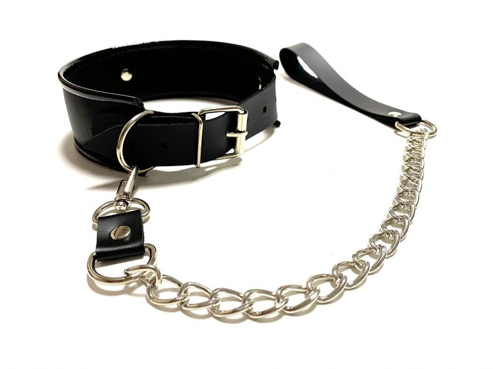 Черный ошейник с поводком из эко-кожи (Цвет: черный)