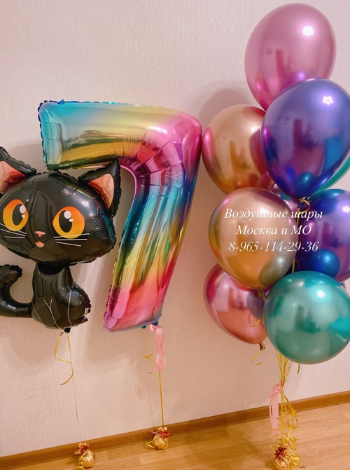 Черный котик с радужной цифрой и шарами хром