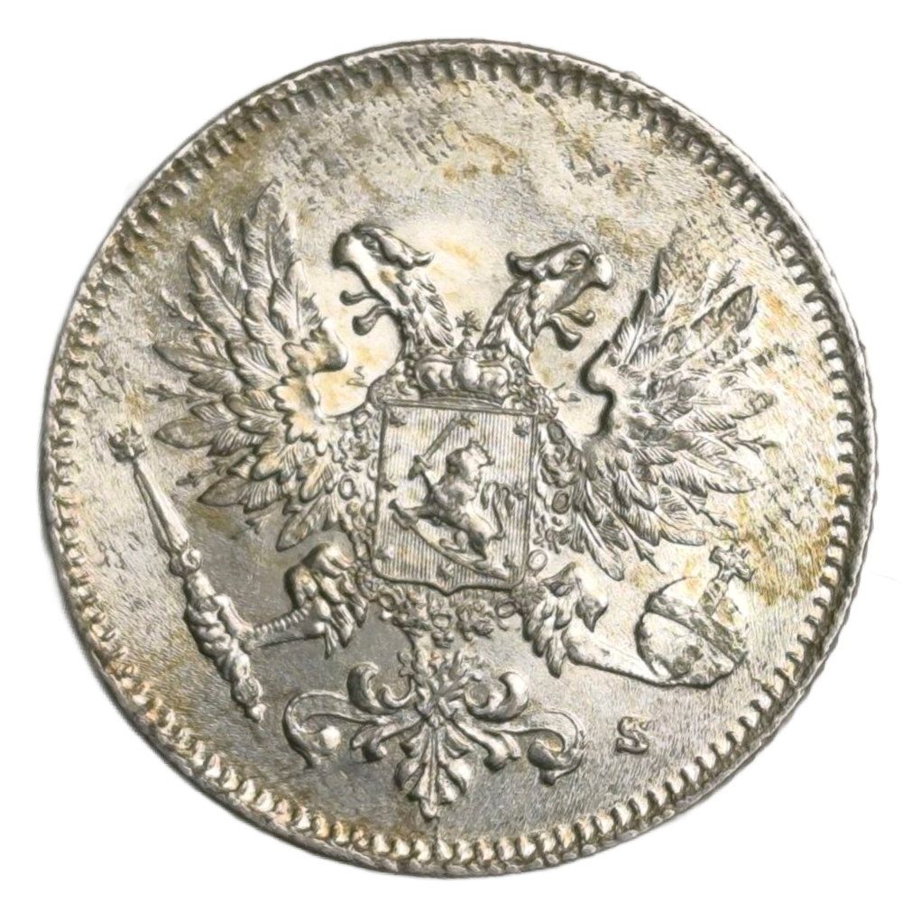 Монета 25 пенни (pennia) 1917 год гербовый орёл без корон, Российская Финляндия