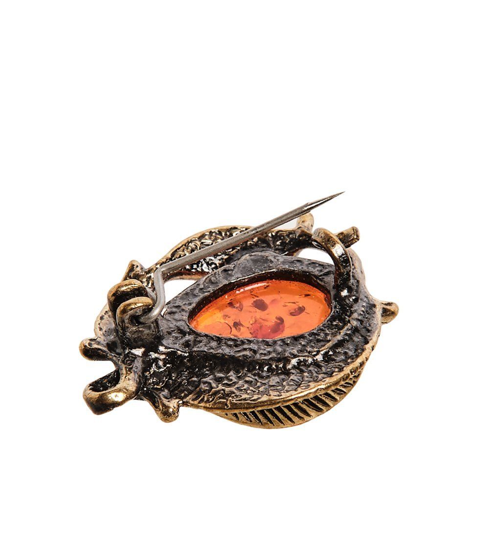 AM-2568 Брошь «Винтажный листик» (латунь, янтарь)