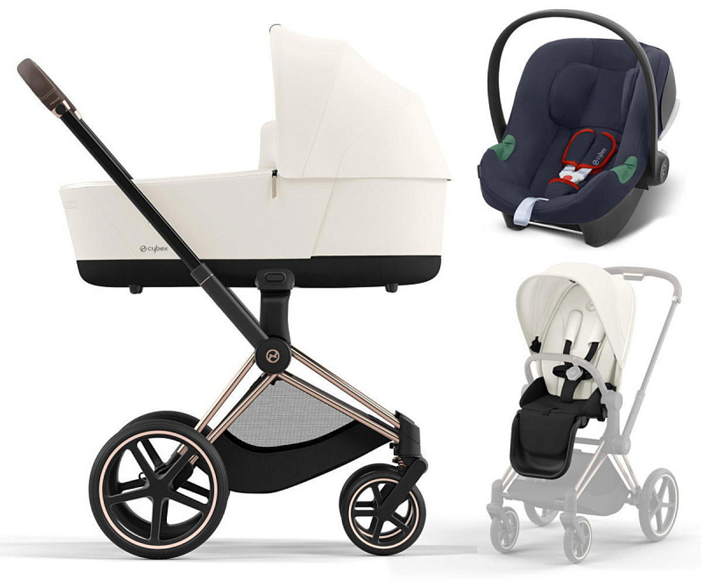 Коляска 3 в 1 Cybex Priam IV Rosegold complete и автокресло Aton B2 i-Size Bay Blue Off White