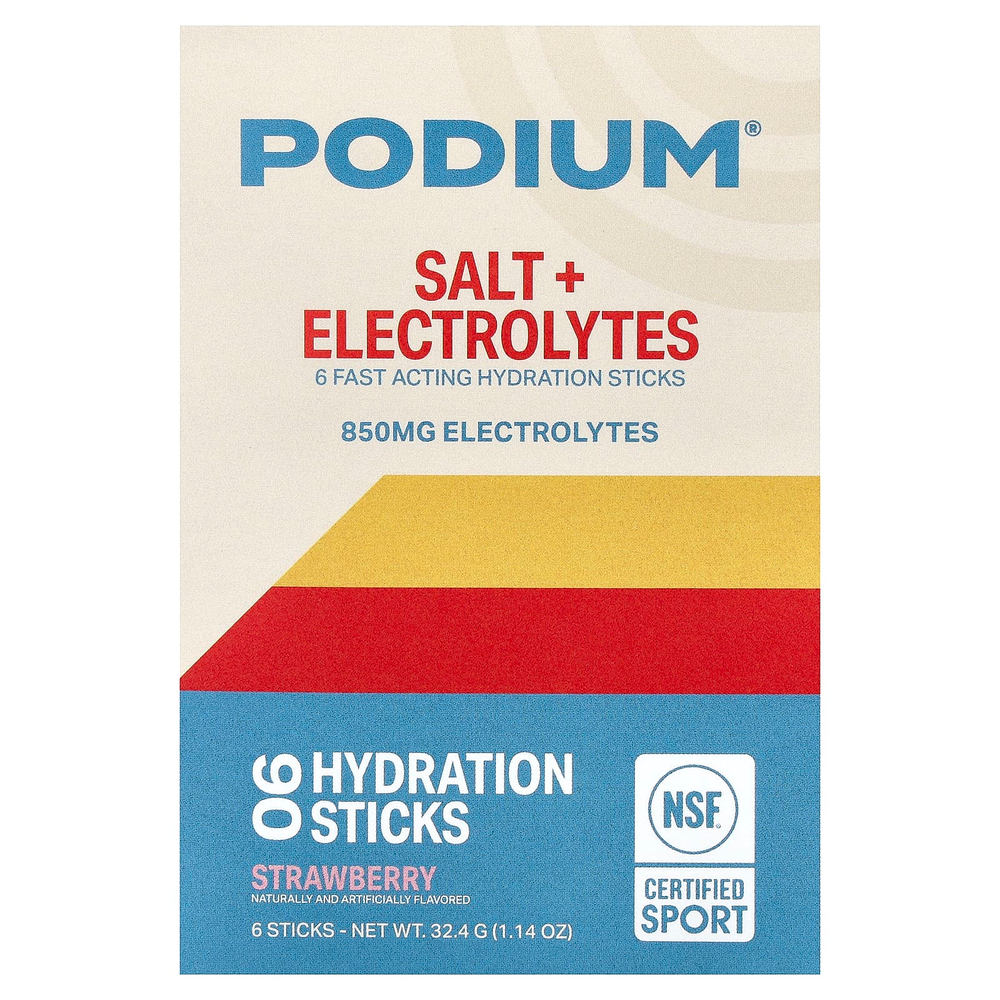 Podium Nutrition, соль и электролиты, стики для гидратации, клубника, 6 стиков по 5,4 г (0,19 унции)