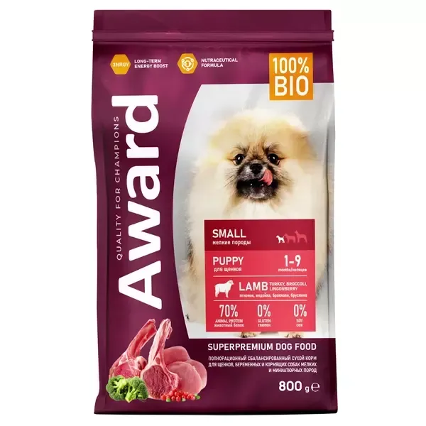 Сухой корм AWARD для щенков от 1 мес, беременных и кормящих сук мелких и миниатюрных пород с ягненком и индейкой с добавлением брокколи и брусники