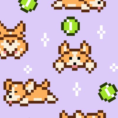 Пиксельные корги с мячом на сиреневом фоне